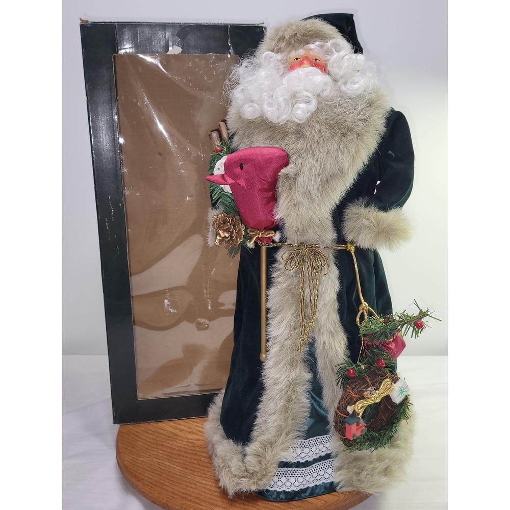 Santa Claus Figurine Tree Topper Forest Green Velvet Faux Fur Trim 21 Inch